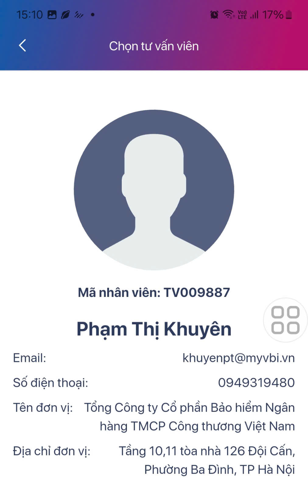 Thông tin tư vấn viên Phạm Thị Khuyên, mã nhân viên TV009887 trên hệ thống MyVBI